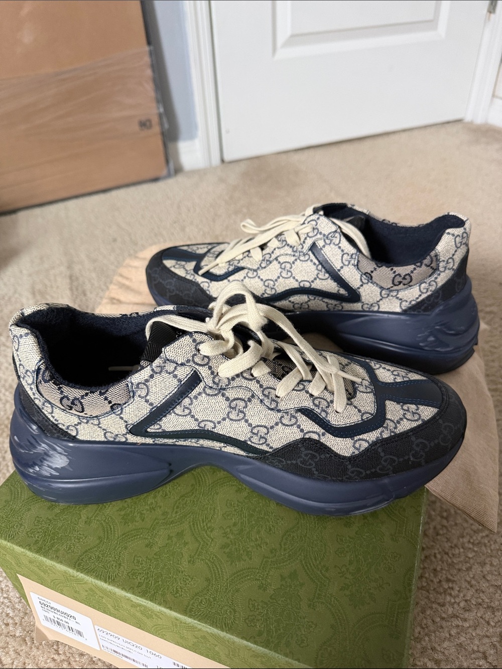 Gucci Beige GG Canvas Sneakers with Navy Accents